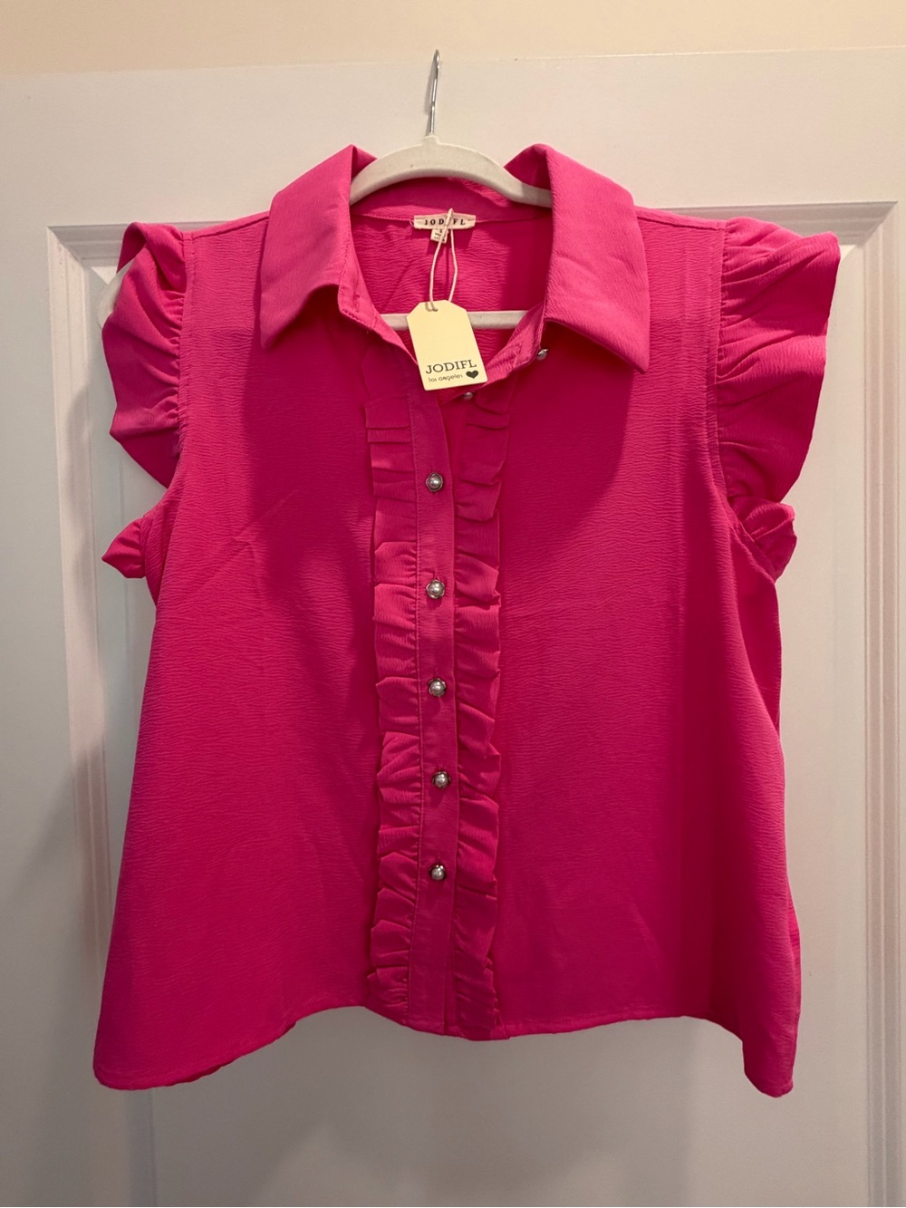 JODIFL Hot Pink Ruffle-Trim Button-Up Sleeveless Blouse